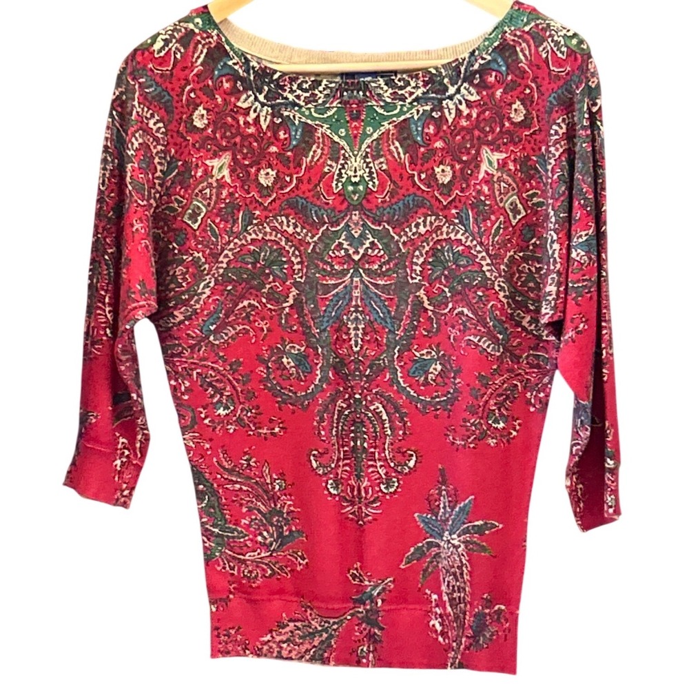 Vintage Chaps Denim Knit Sweater Paisley Bohemian Boho Artsy Red XS Preppy